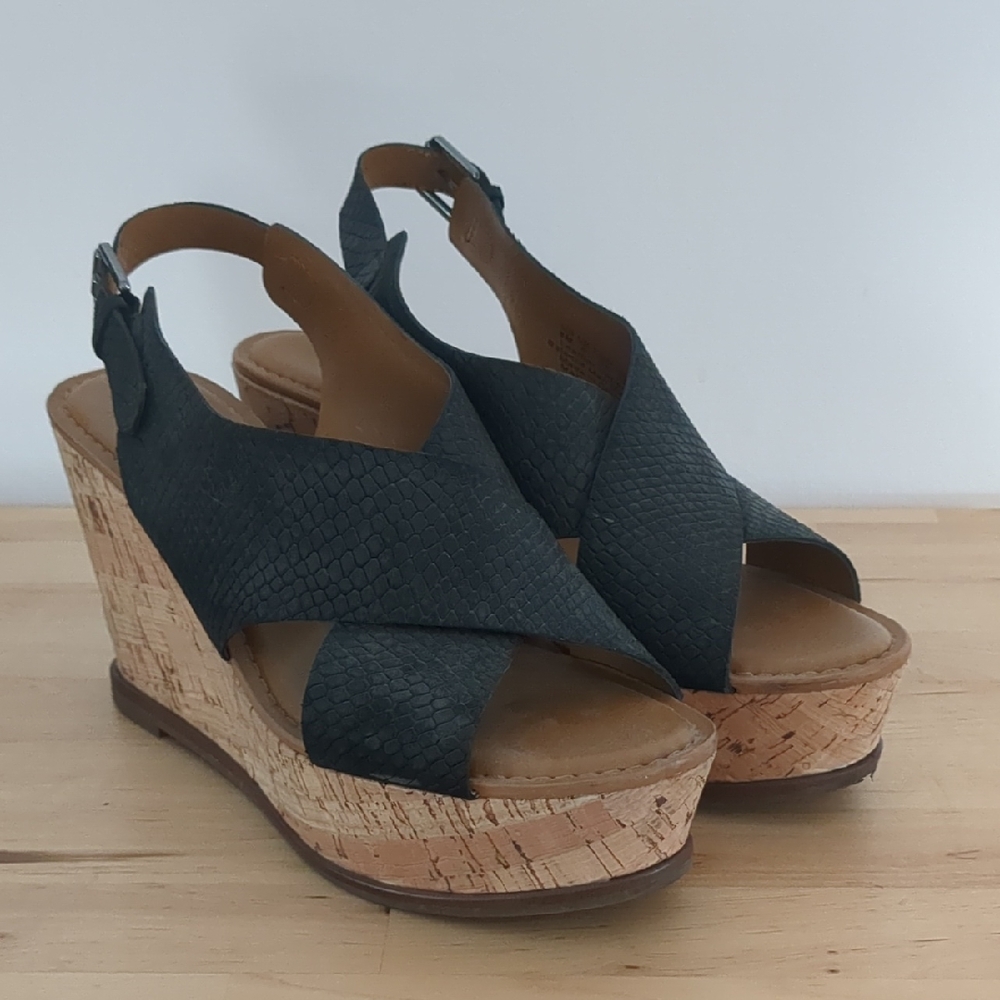 Franco Sarto Mackenzie Black and Tan Wedge Sandals With Python Embossed Straps